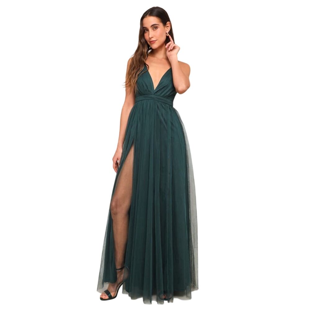 Lulu's Teal V-Neck Tulle Maxi Gown with High Slit